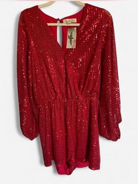 NWT Vine & Love Red Sequin Romper V-Neck Balloon Sleeve Size L